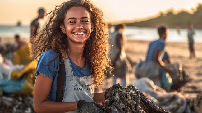 CO2 Reduktion Privatperson - Eine lächelnde junge Frau beim Strandreinigungseinsatz hält Müll in der Hand, mit anderen Freiwilligen im Hintergrund.