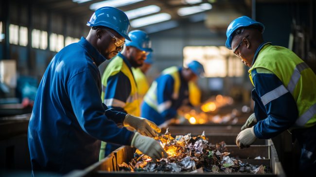 Kreislaufwirtschaft im Unternehmen - Arbeiter in Sicherheitsausrüstung sortieren Materialien zur Wiederverwertung in einer Recyclinganlage, die Kreislaufwirtschaft in Unternehmen unterstützt.