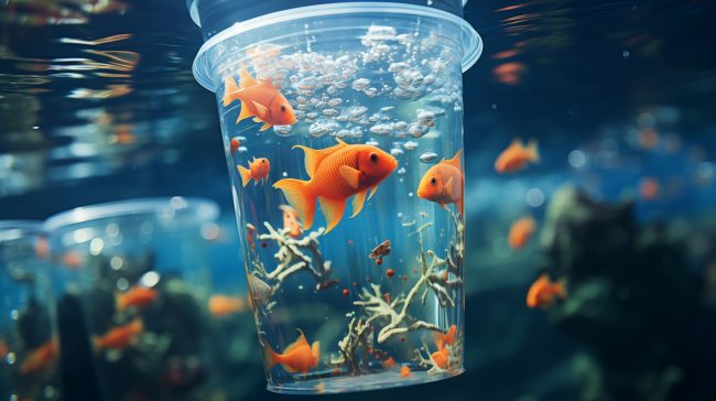 Plastikreduktion Arbeitsplatz -Ein Bild von Goldfischen in einem durchsichtigen Plastikbecher, die im Wasser schweben, als Metapher für die Eindämmung von Plastikverschmutzung und die Förderung von umweltfreundlichen Praktiken im Alltag.